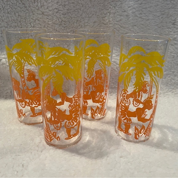 federal glass Other - Federal Glass Native Palm Tree Kiss 4 Pc Vintage 6" Highball Tumblers 1950s